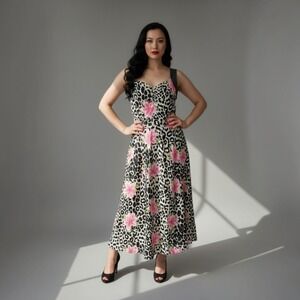 Loco Lindo Midi Dress Womens Medium Leopard Floral Polka Dot Rayon Pin-up Retro